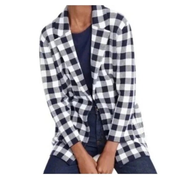 J Crew Sophie Open Front Knit Blazer Navy Gingham Check Sweater NEW Sz Large - Picture 1 of 8